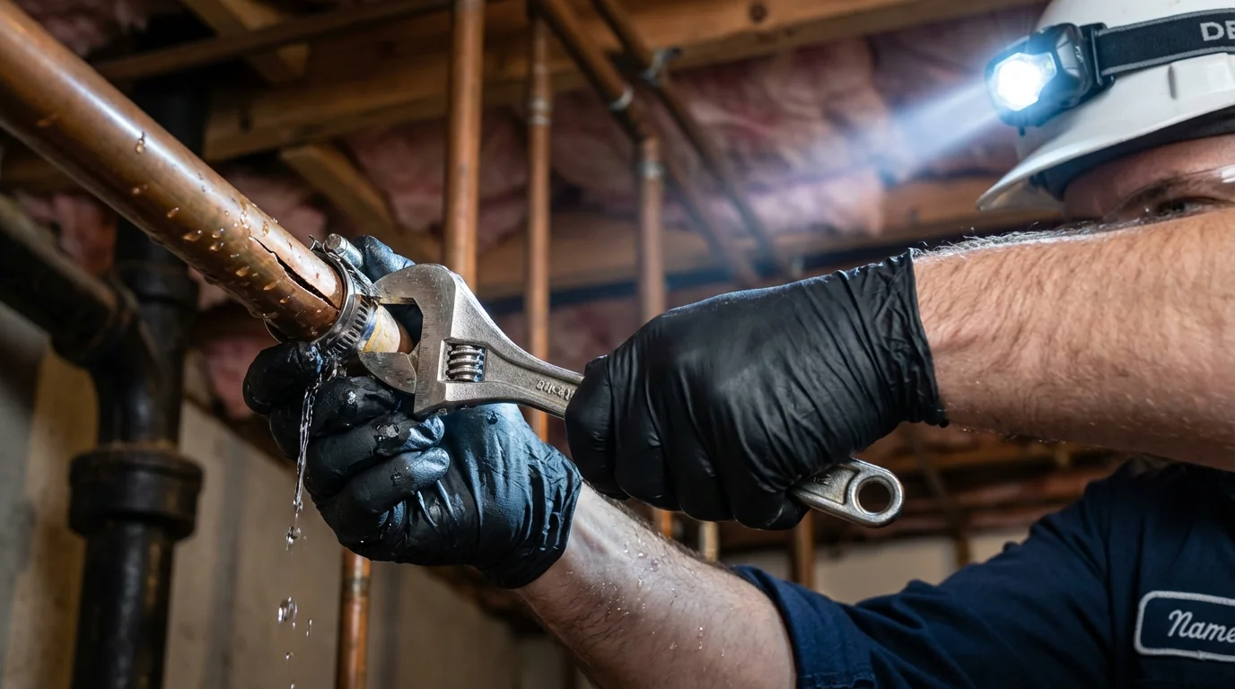 Emergency pipe clamp repair being performed by a Johns Plumbing LLC plumber in Bath