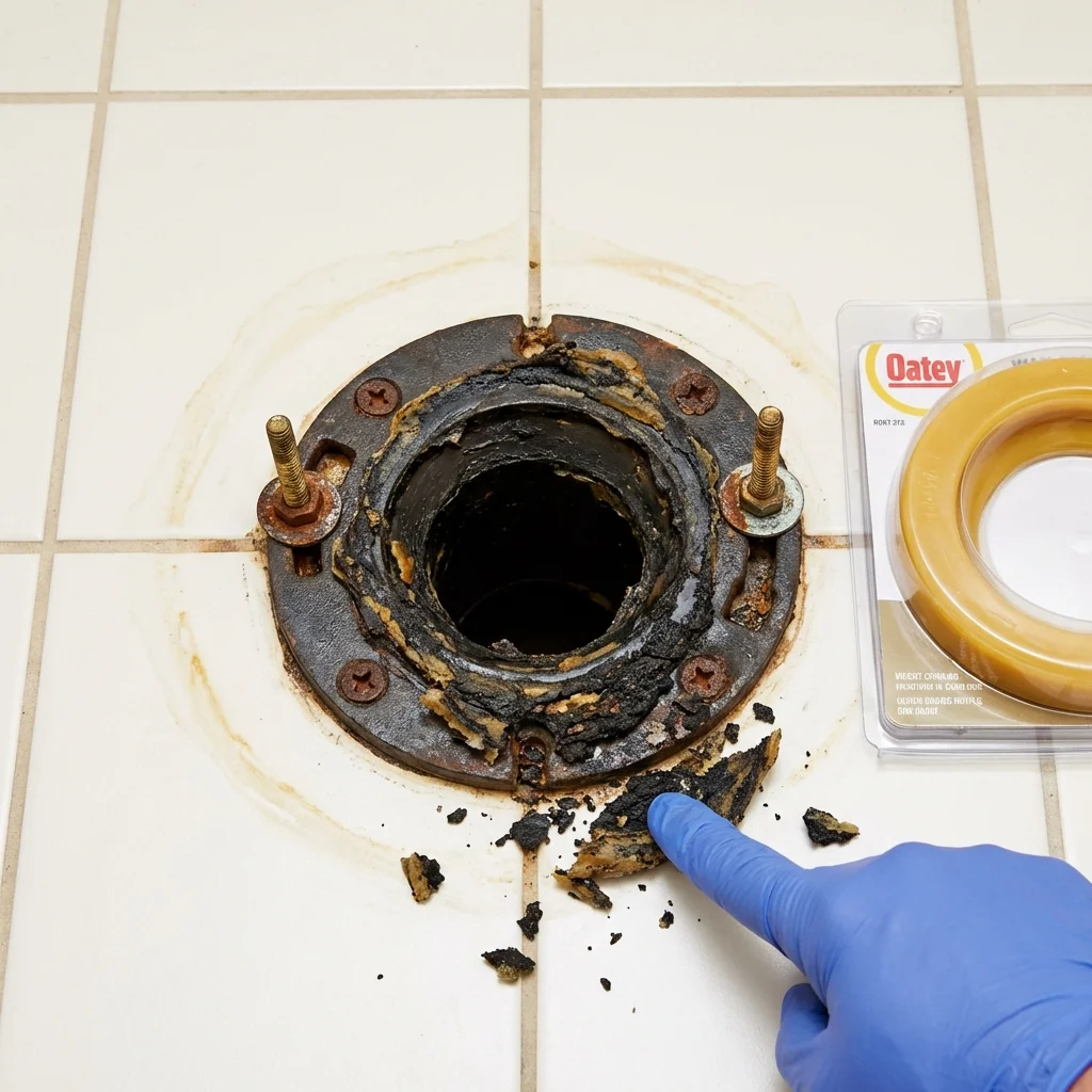 Failed wax ring showing water seepage at the base of a toilet in a Bath, PA home
